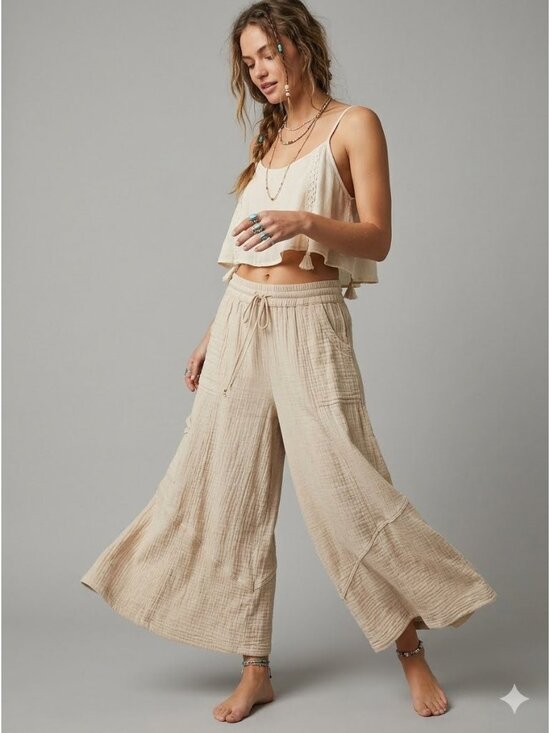 Super Star Pants - Super Star Pants Size L Beige Cotton Cargo Gauzy Boho Pants Relaxed Fit Cropped